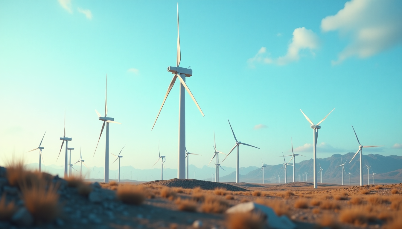 Wind turbines stand in an arid desert landscape under a clear blue sky with distant mountains on the horizon.