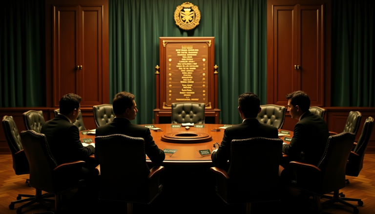 Formal boardroom scene with four men in suits seated around a circular table in a government chamber, a wooden plaque on green drapes behind them.