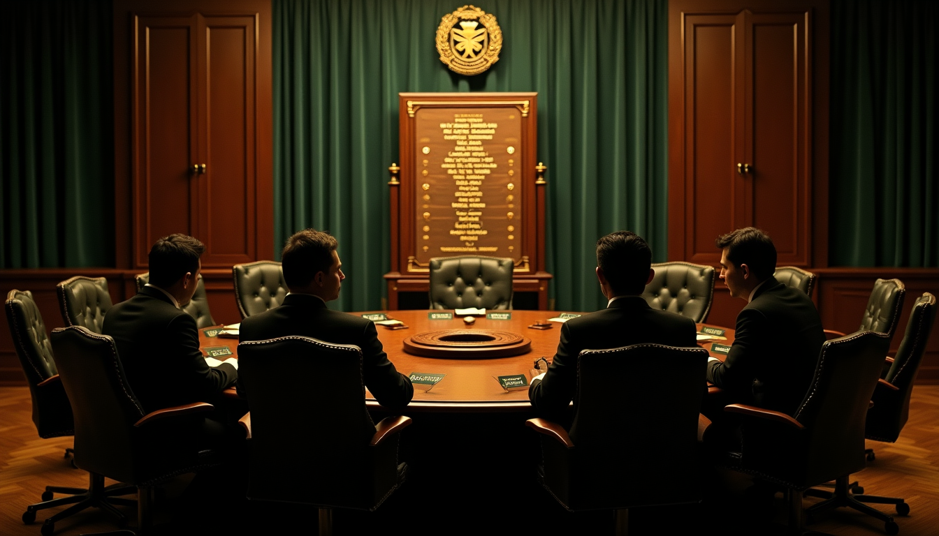 Formal boardroom scene with four men in suits seated around a circular table in a government chamber, a wooden plaque on green drapes behind them.