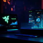 Dark tech desk with two monitors: left shows a neon green Razer logo and charts, right displays a futuristic data dashboard on a stand, keyboard and mouse in foreground.