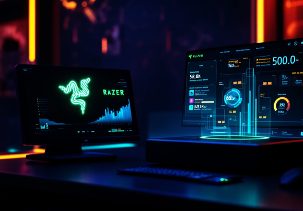 Dark tech desk with two monitors: left shows a neon green Razer logo and charts, right displays a futuristic data dashboard on a stand, keyboard and mouse in foreground.