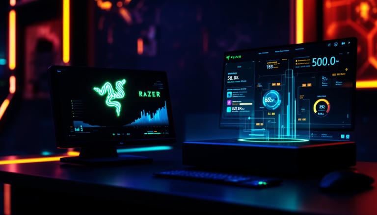 Dark tech desk with two monitors: left shows a neon green Razer logo and charts, right displays a futuristic data dashboard on a stand, keyboard and mouse in foreground.